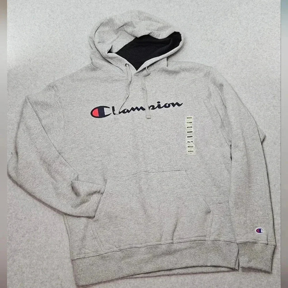 Champion‎ Powerblend Hoodie Oxford Gray Script Logo Standard Fit Men's Size M - Picture 1 of 5